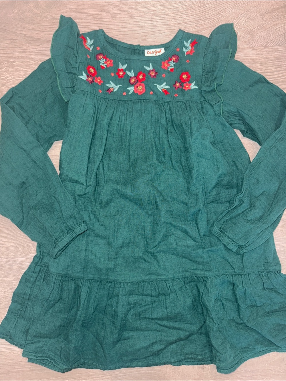 Cat & Jack Teal Green Floral Embroidered Ruffle Dress